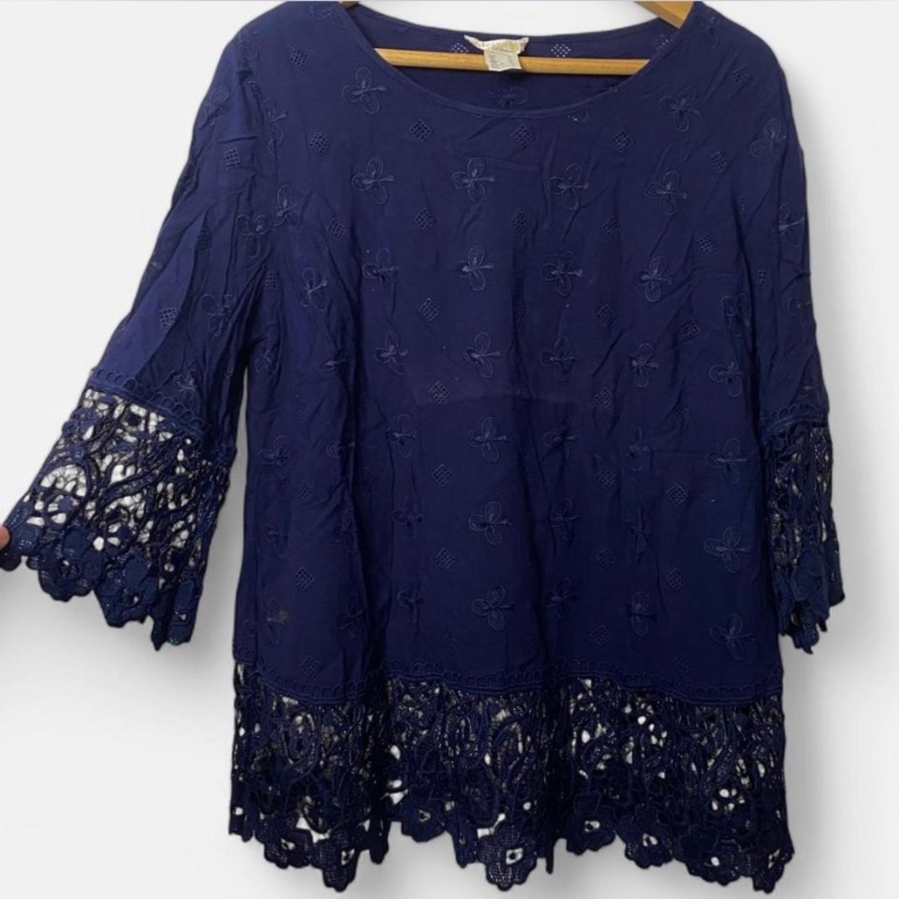 Vintage 90s Navy Blue Lace Trim Women's Top